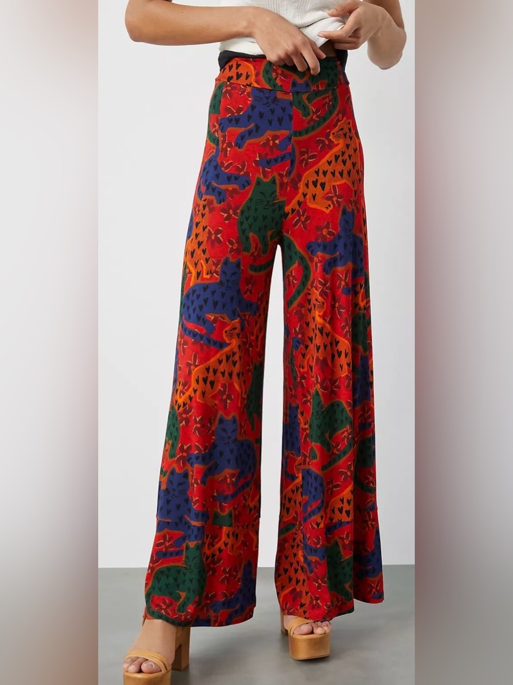 FARM Rio x Anthropologie Cat Print Wide Leg Pants Red Size S